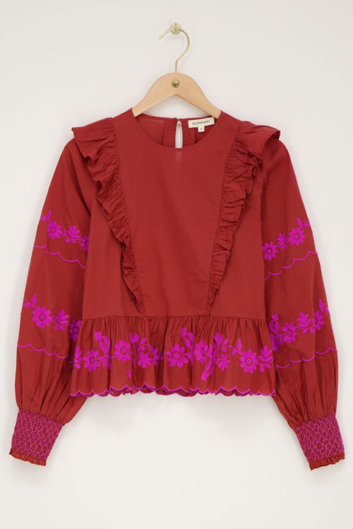 Roest-bruine top met fuchsia embroidery