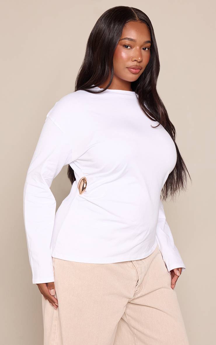 Blanc T-shirt Grande Taille En Coton À Manches Longues Avec Détail De Bande Latérale