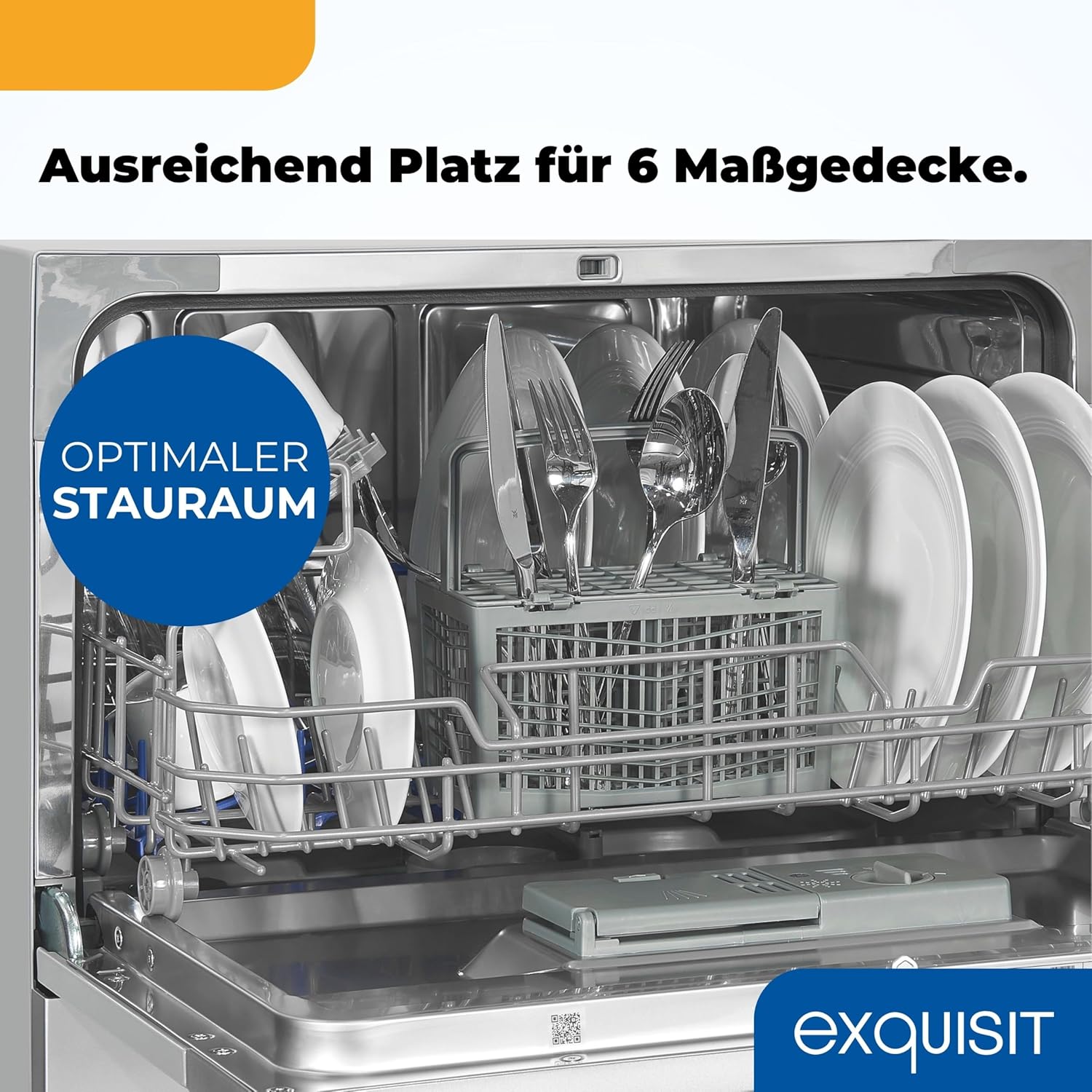 Exquisit Mini-Geschirrspüler, Tischspülmaschine, 55 cm breit, spülmaschine klein, Auto Türöffner, ECO-Modus, GSP5206-030D silber