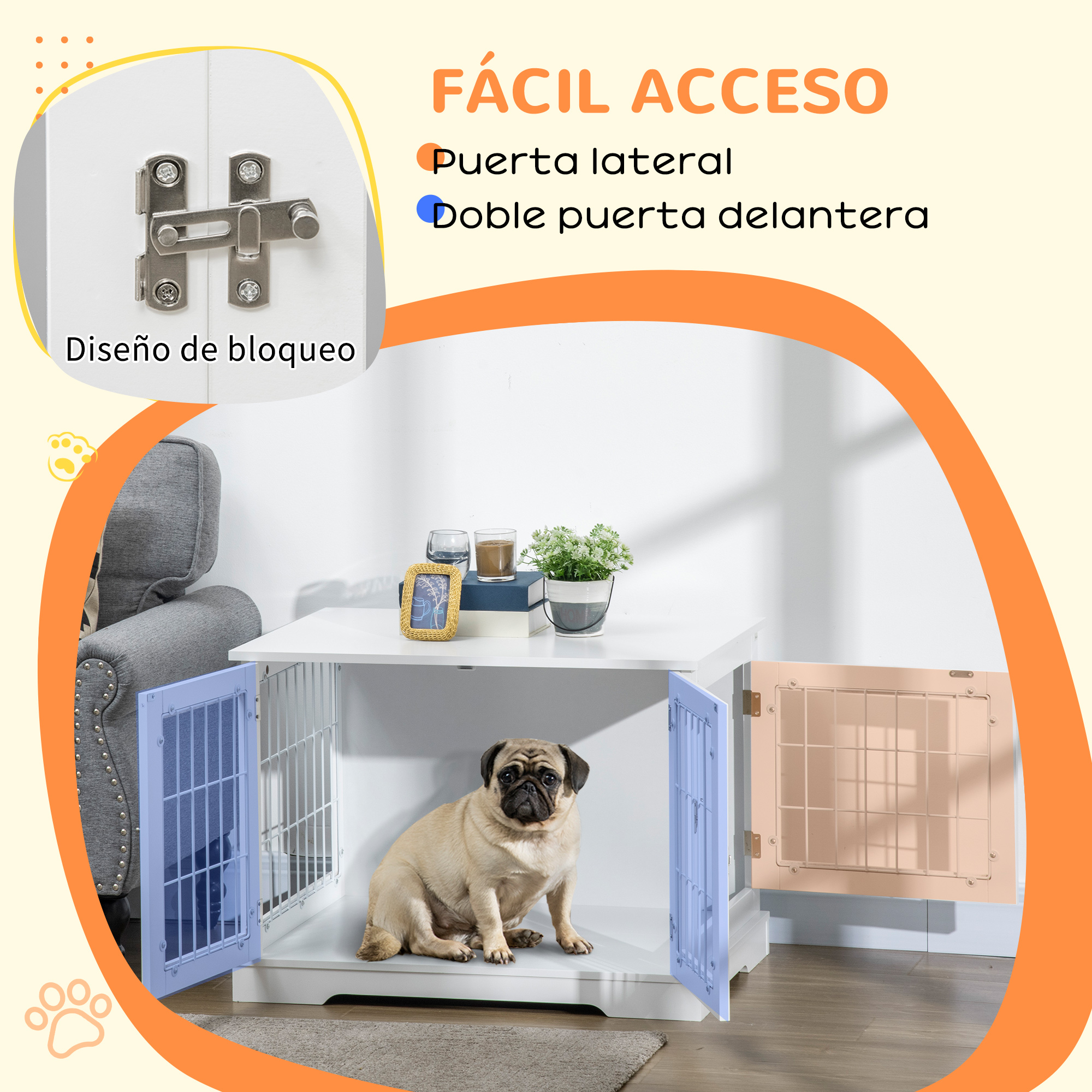 Conjunto para animais de estimação PawHut, gaiola de madeira para cães com 2 portas e comedouro elevado com 2 tigelas removíveis de aço, 76x54,5x56 cm, 44x24x15 cm, branco