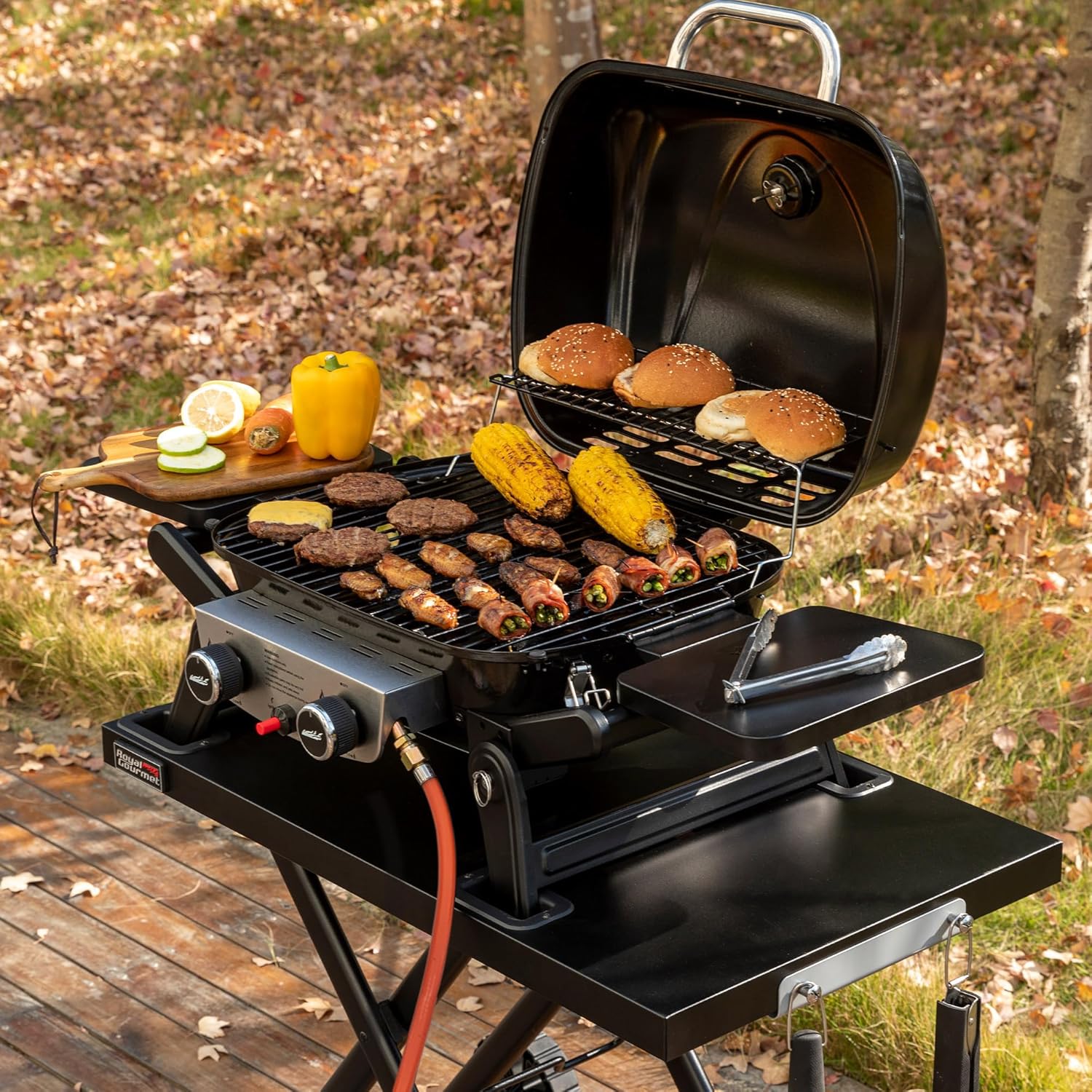 Royal Gourmet Tragbarer 2-Brenner Gasgrill inkl. Grilltisch, 5kW Tischgrill mit separatem Rollwagen, Portabler Tischgasgrill mit Klapptisch für Balkon,Terrasse, Camping Schwarz