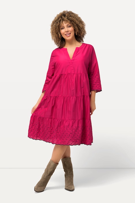 Kleid, A-Linie, Wellenkanten, Tunika-Ausschnitt, 3/4-Arm