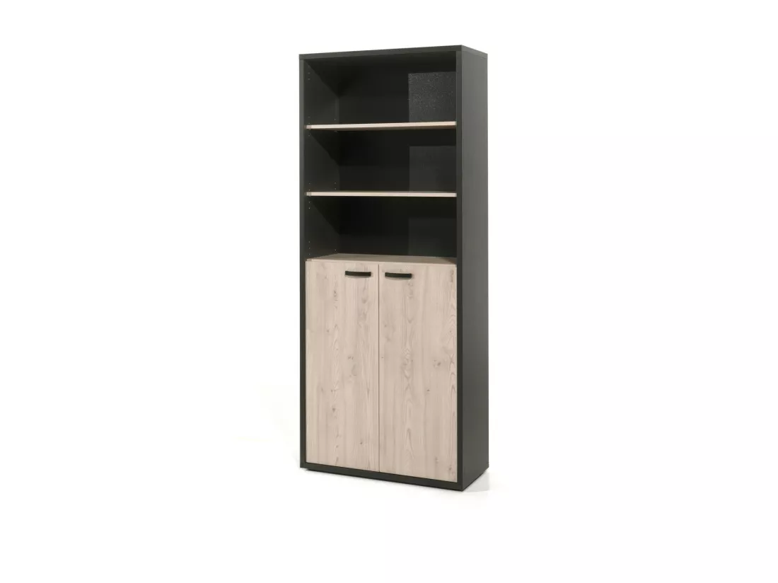 Bibliothèque de Bureau - Meuble 2 Portes et étagères Chêne clair et Noir | Collection DEPÉ | Meublorama