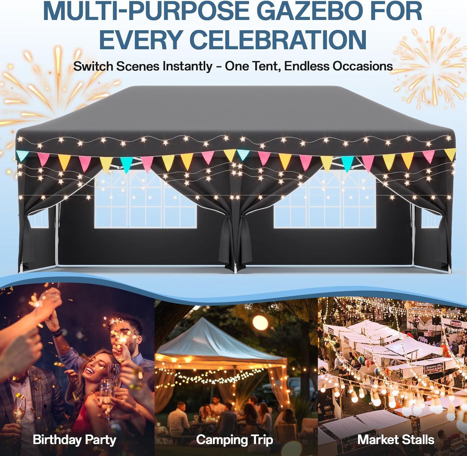 JUMMICO Pavillon 3x6 Wasserdicht Stabil Winterfest Höhe Verstellbar,Faltpavillon Partyzelt mit 6 Seitenwänden,Pavillion UV Schutz 50+,Gartenpavillon Faltzelt für Party,Hochzeit,Garten, Innenhof,Grau
