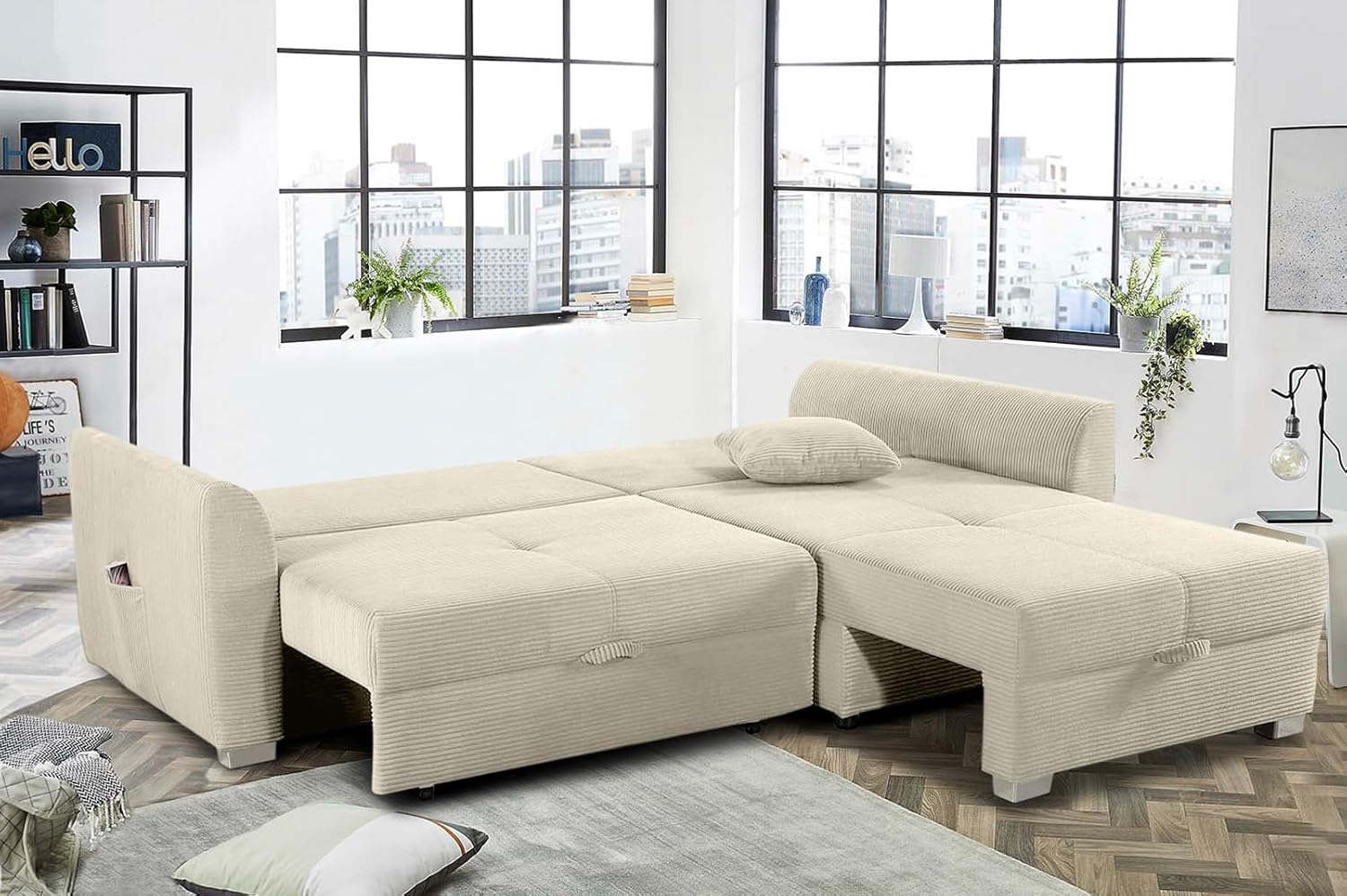 Cord Ecksofa B236/T160/H81 cm mit Schlaffunktion und Bettkasten, Tasche in der Armlehne, L-Couch mit Ottomane ausziehbar, links oder rechts montierbar, Bezug Cordstoff in Beige Grau / 15201