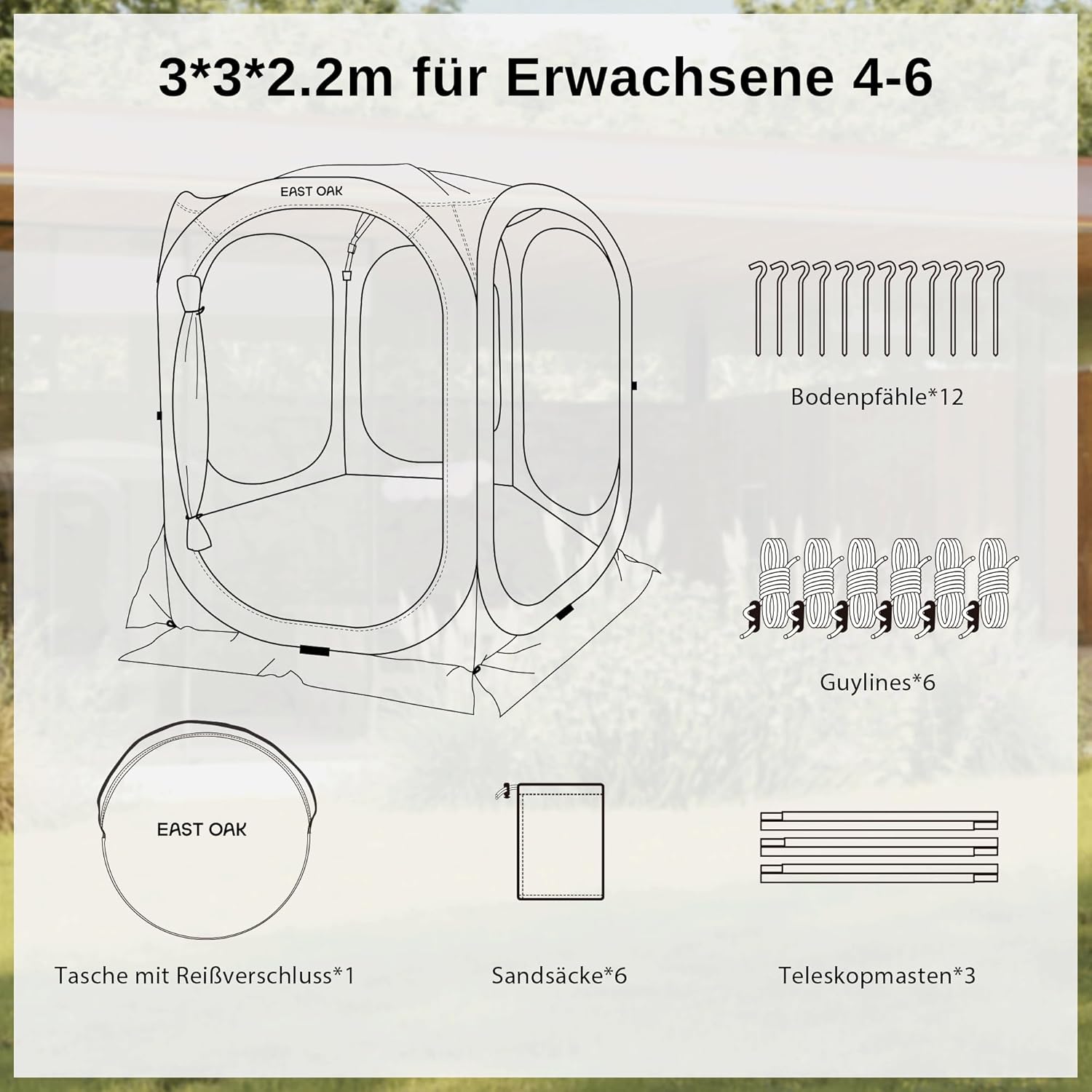 East Oak Pop Up Zelt, Pavillon 3×3m, Wurfzelt Große für 4-6 Personen, Gazebo für Camping, Garten, Terrasse, Stoffe Wasserdicht, UPF 50+ UV Schutz, 360° Belüftung, Anti Moskito, mit Tragetasche, Beige
