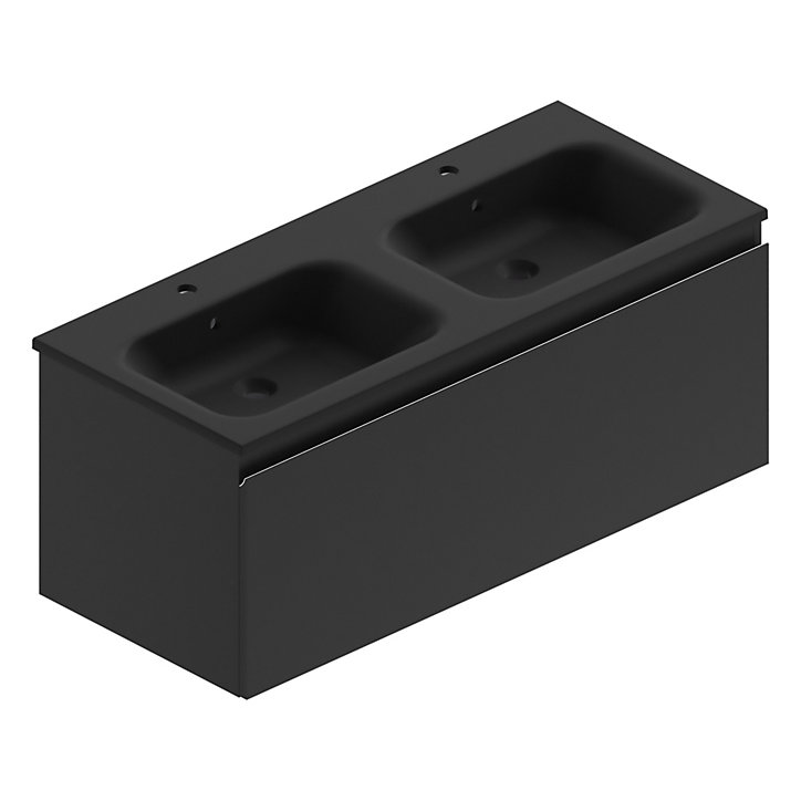 Meuble sous vasque à suspendre Pura noir mat 120 cm + Plan double vasque en résine noir mat