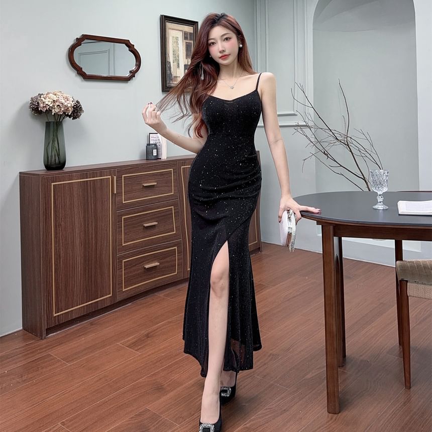 Yuxi - Spaghettibandjes V-hals pailletten split bodycon maxi-jurk