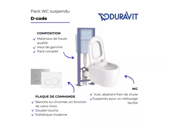 Pack WC suspendu DURAVIT D-code avec abattant frein de chute synthétique + bati support SIAMP + Plaque de commande chromée