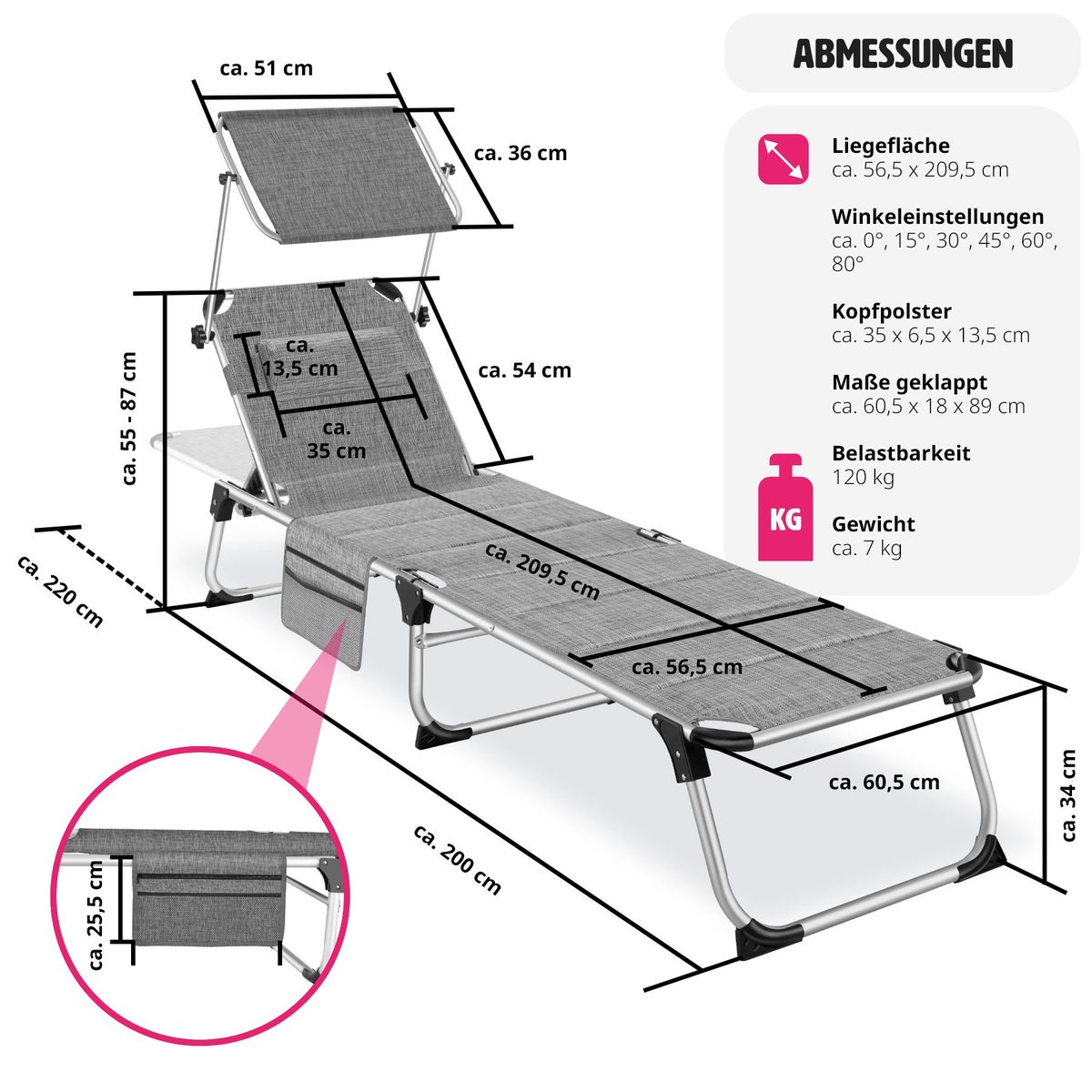 tectake Lorella gestoffeerde zonnebank, opvouwbaar 220 x 60,5 x 34 cm, met zijvak