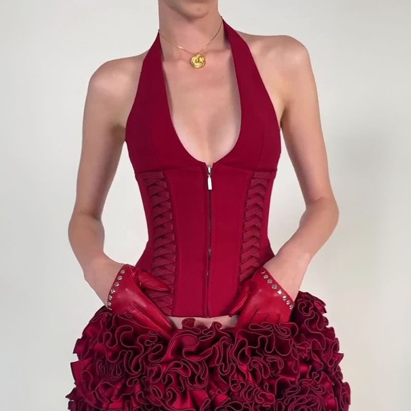 Trisica - Halter V-hals tanktop met open rug, rits en slim fit