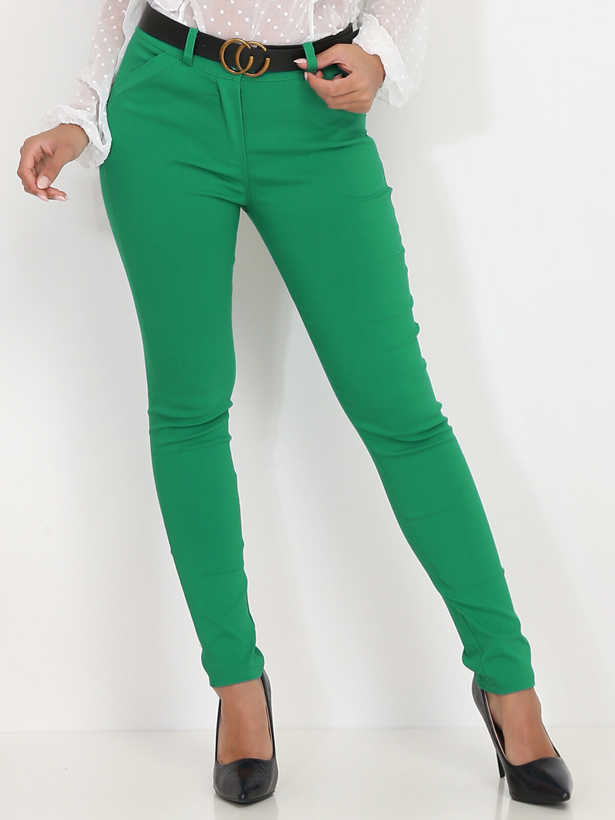 Pantalon slim avec ceinture à boucle- Vert