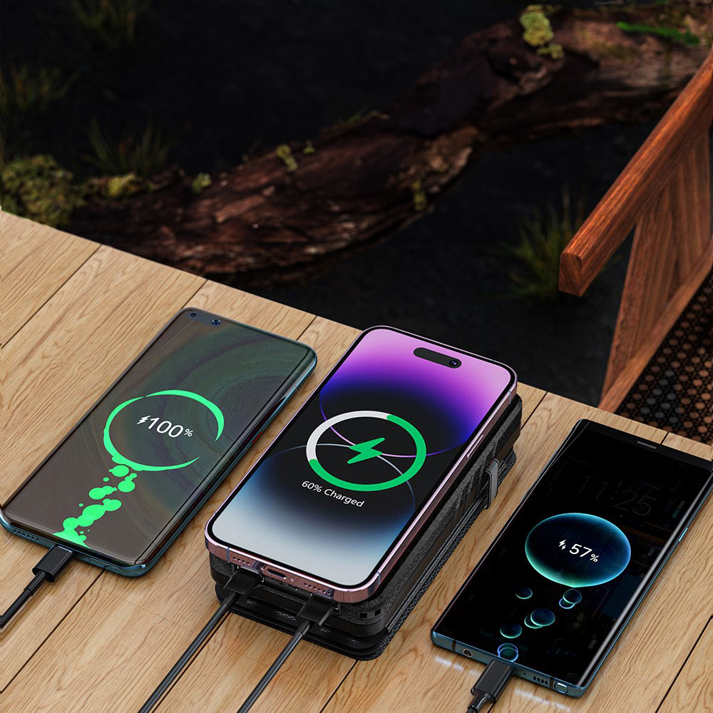 (20000mAh) Dual USB A / USB C Solar Powerbank Qi Wireless Ladegerät mit Taschenlampe (IP65) - Schwarz