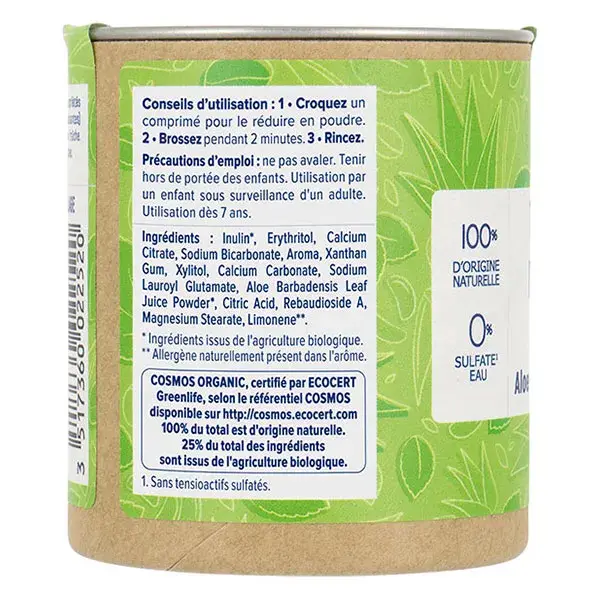 Pasta de dente mastigável orgânica Natessance Natural com Aloe Vera e Mentol, 80 comprimidos.