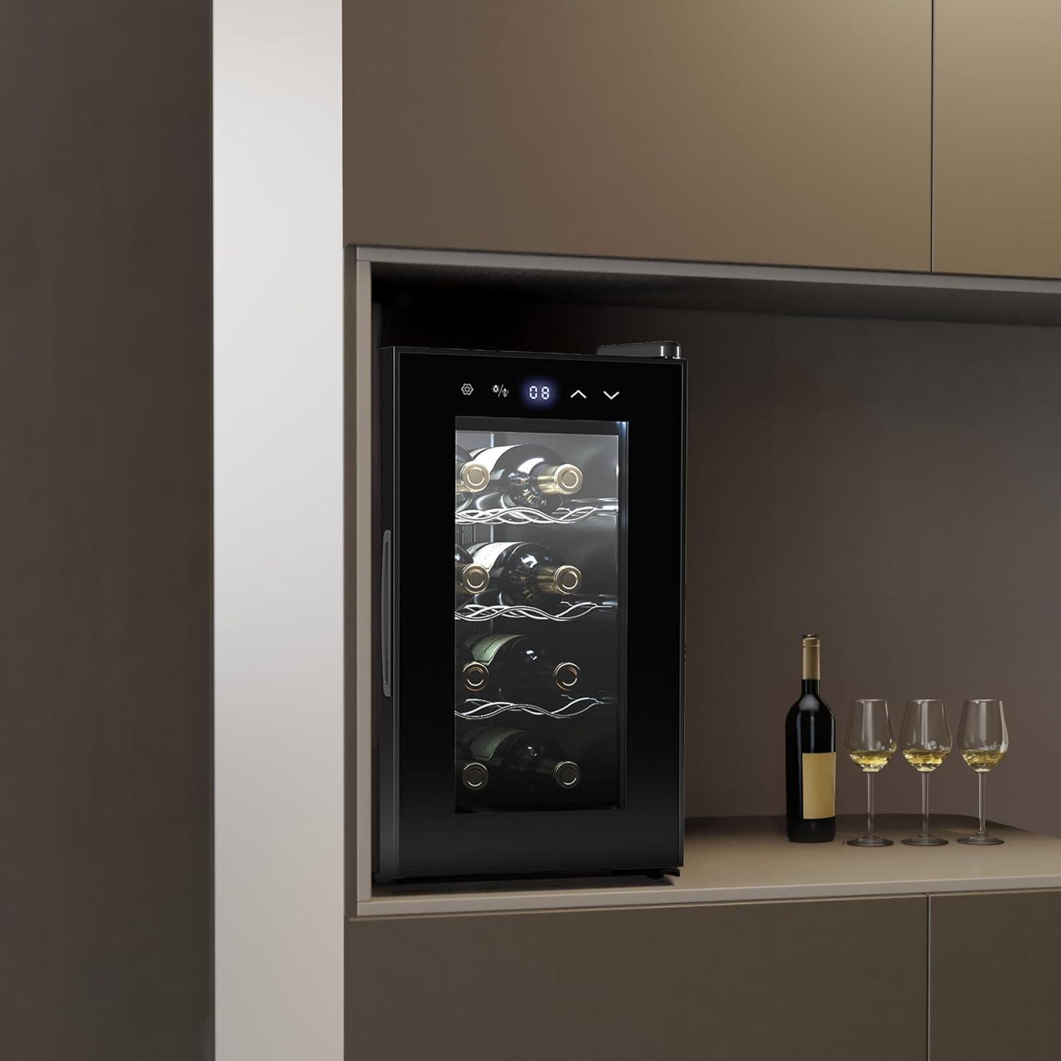 Cecotec Cave à vin 8 bouteilles Bolero Grandsommelier 830 coolcrystal, Refroidissement thermoélectrique, Température réglable entre 8 et 18°C, Commande tactile et affichage, Gaz non nocif.