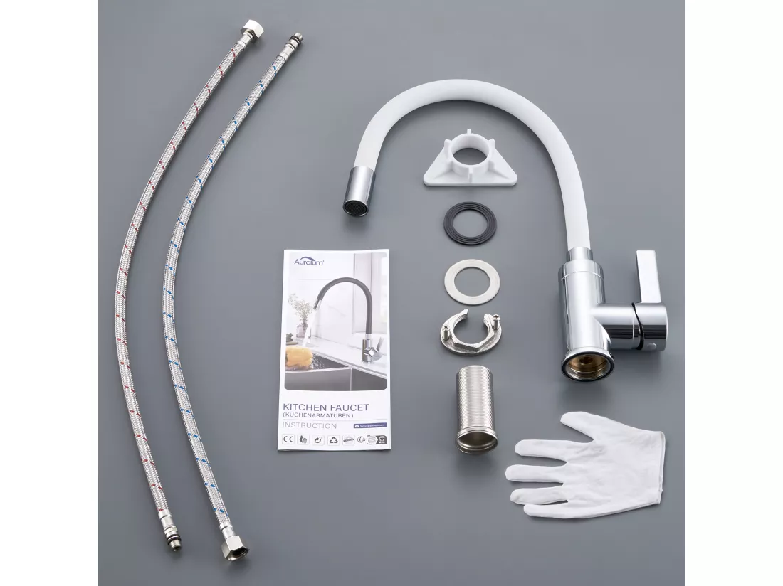 Mitigeur Cuisine AuraLum Max Blanc Flexible Bec Haut Orientable Librement Robinet Évier Laiton Robinet Evier Monotrou à Eau Chaude/ Froide,EU Modèle