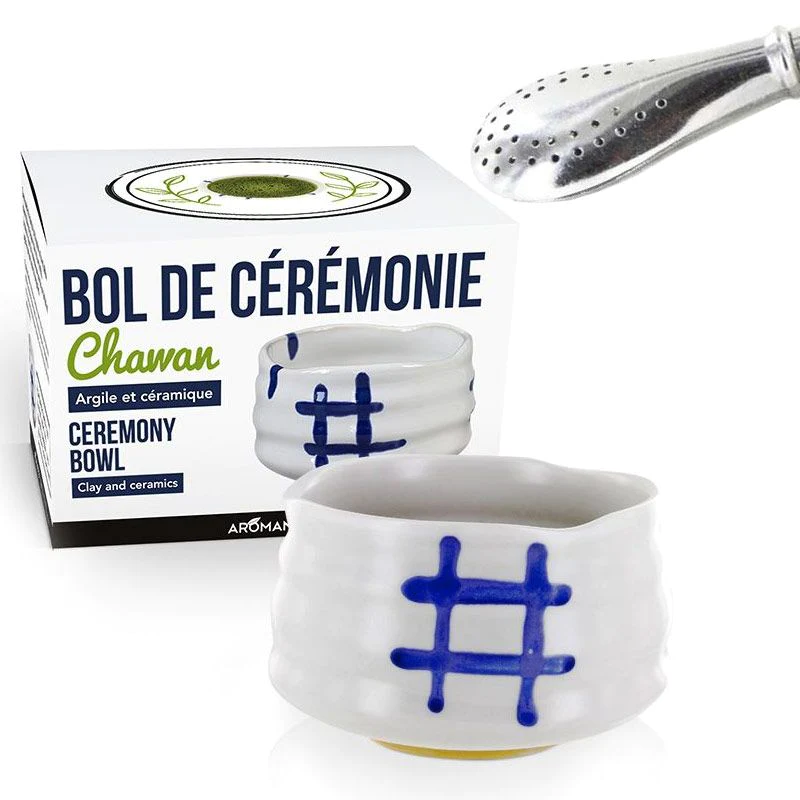 Bol de cérémonie japonais Chawan Blanc + paille inox avec filtre Aroma