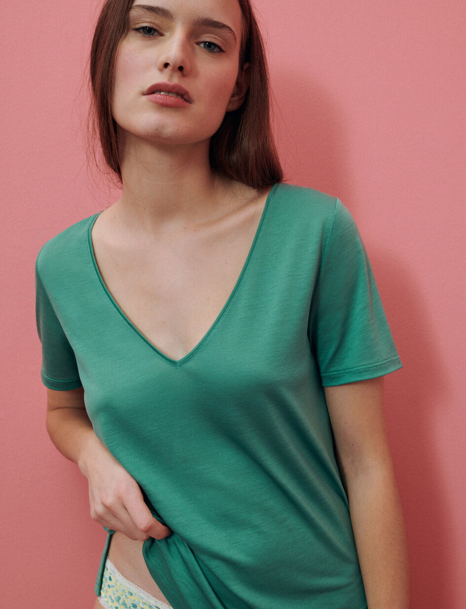 T-shirt court manches courtes col V - vert email