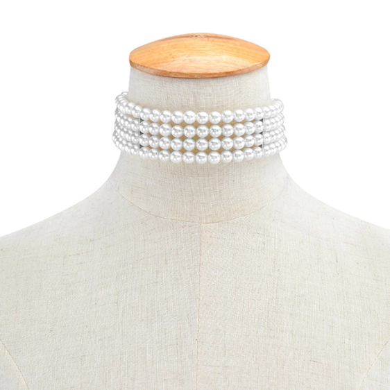 (28-35cm) Perlen Halskette Vierreihiger Choker - Weiss