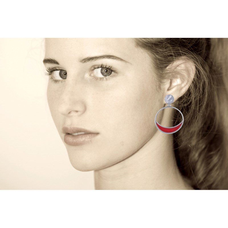Boucles d'Oreilles Clip Métal Argenté Cercle et Croissant de Lune Translucide Coloré