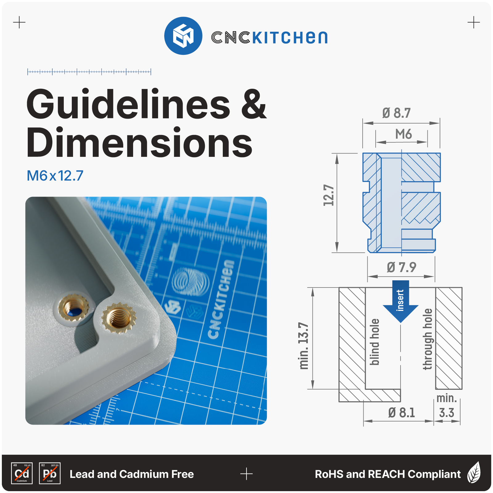 CNC Kitchen  Gewindeeinsatz M6 Standard, M6x12,7 (20 Stk)    Präzisionsgefräste Inserts aus Messinglegierung