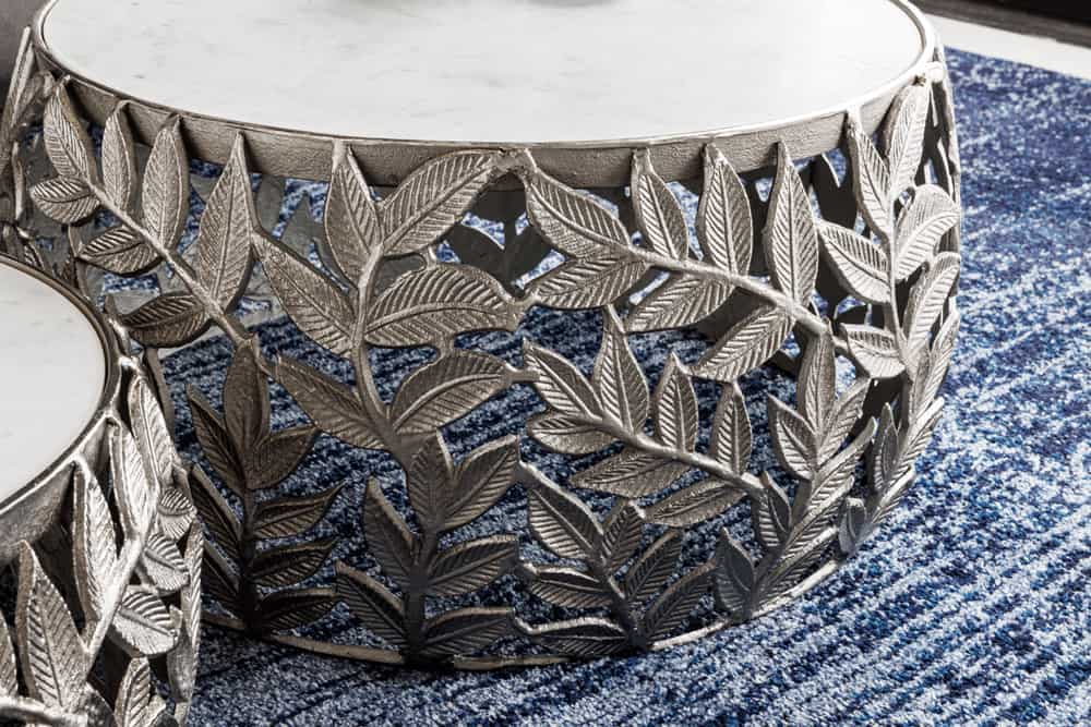 Rundes 2er Set Couchtische ABSTRACT LEAF 70cm weiß silber Marmor Metall Blatt-Design