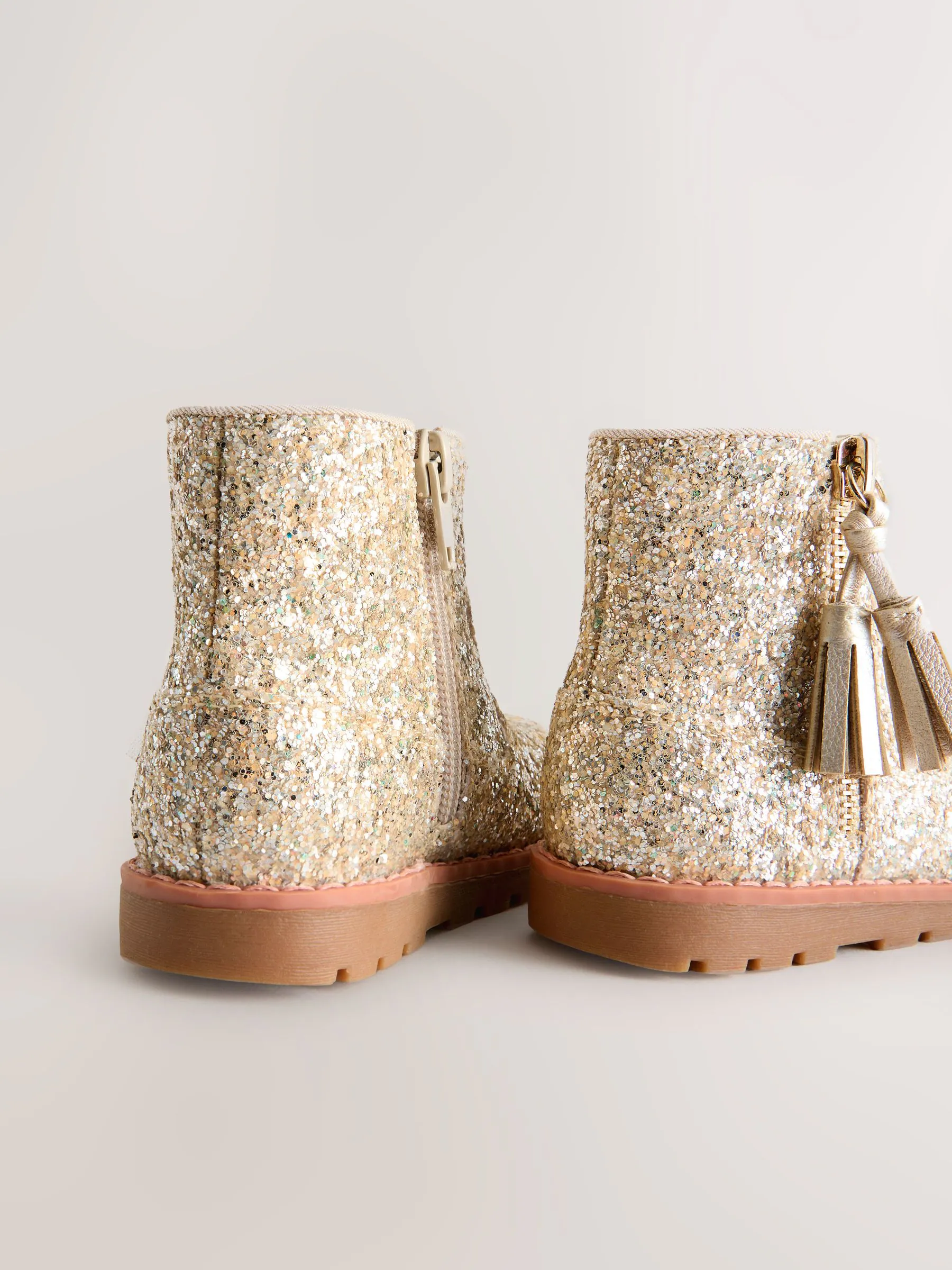 Goud glitter - Chelsea enkellaarsjes met rits en kwastjes