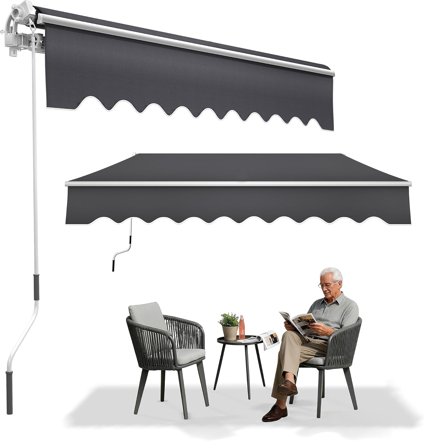 Gelenkarmmarkise Aluminium Markise Einziehbare Markise 400 x 300 cm Gelenkmarkise mit Handkurbel Terrassenmarkise Klemmmarkise Sonnenmarkise Balkonmarkise Sonnenschutz Dunkelgrau