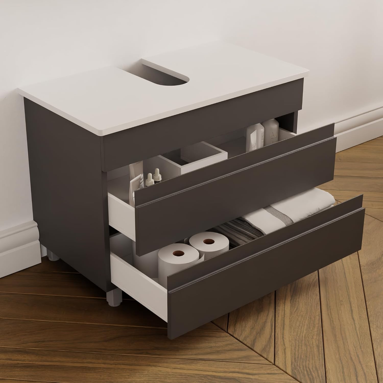 Karen Badmöbel Set Anthrazit | Badezimmermöbelset stehend | Waschbeckenunterschrank mit Schubladen | Waschtischunterschrank & Spiegelschrank 60 cm oder 80 cm | Badezimmerschrank (Lara 80 Weiß)