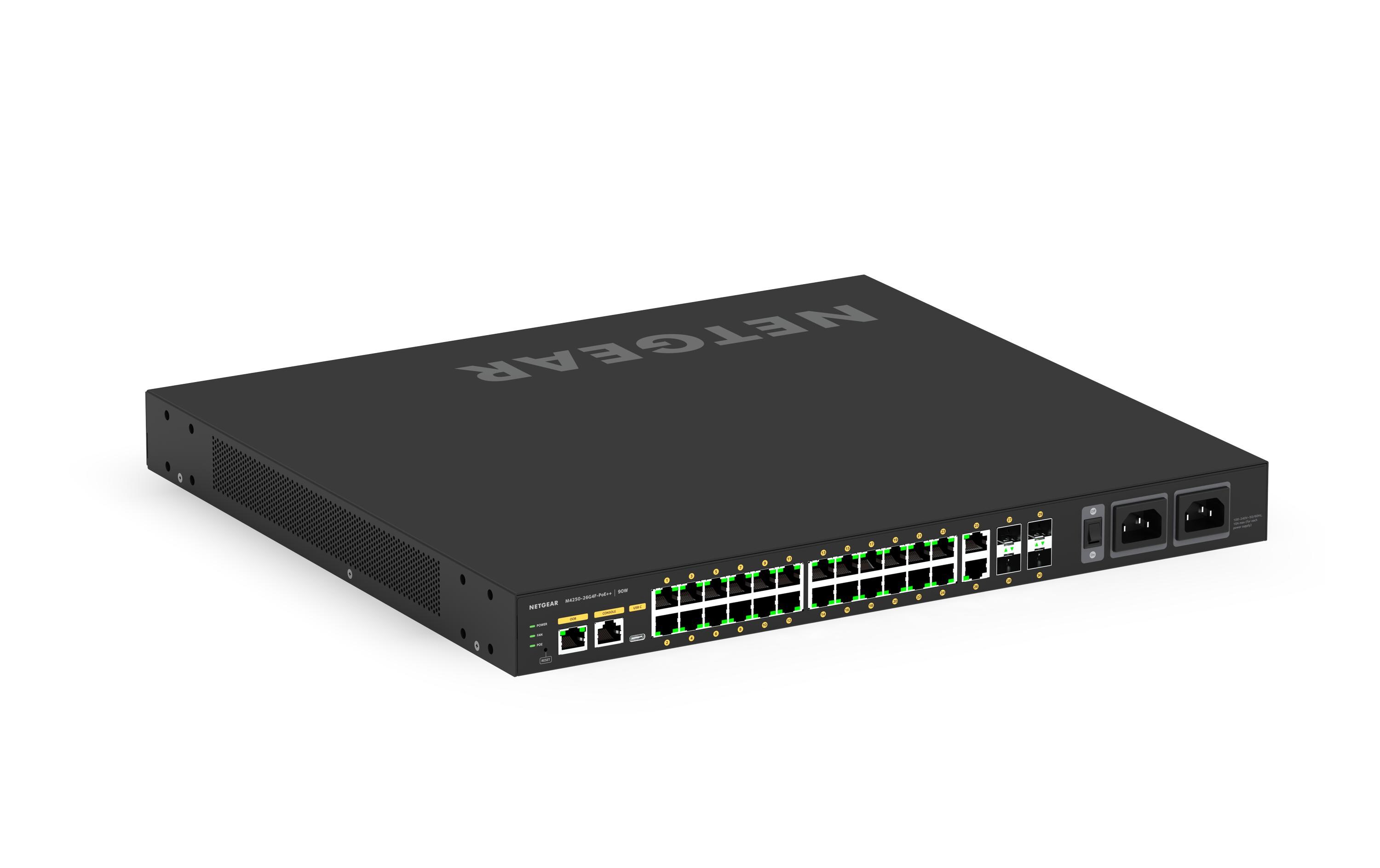 PoE++ Switch AV Line M4250-26G4F-PoE++ 28 Port<br>NETGEAR AV Line M4250-26G4F-PoE++ 24x1G Ultra90 PoE++ 802.3bt 1.440W 2x1G und 4xSFP Managed Switch (GSM4230UP)