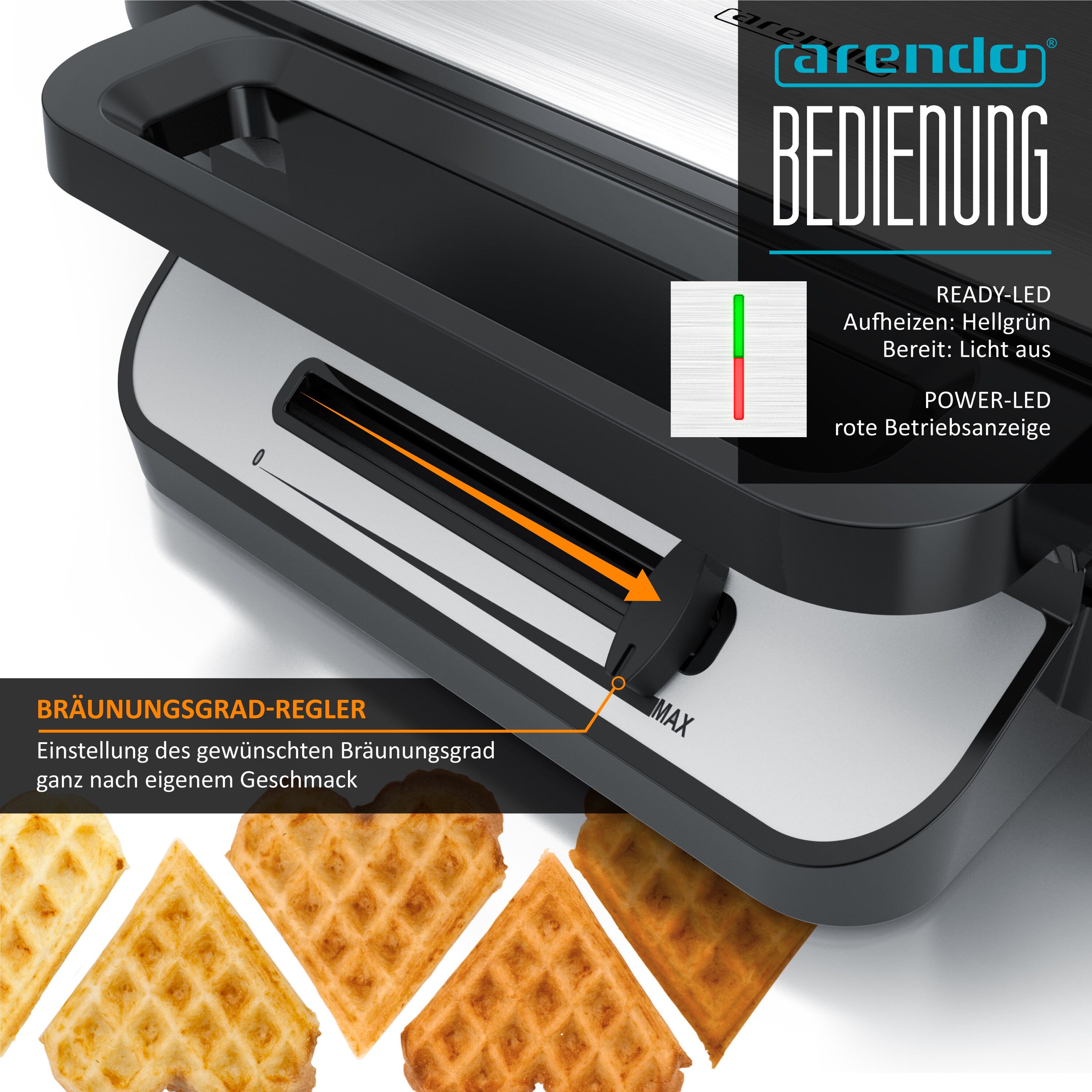 Arendo Waffeleisen 1200 Watt - Waffelautomat - 2 Waffeln à 14 cm- Antihaftbeschichtung - Herzwaffeln