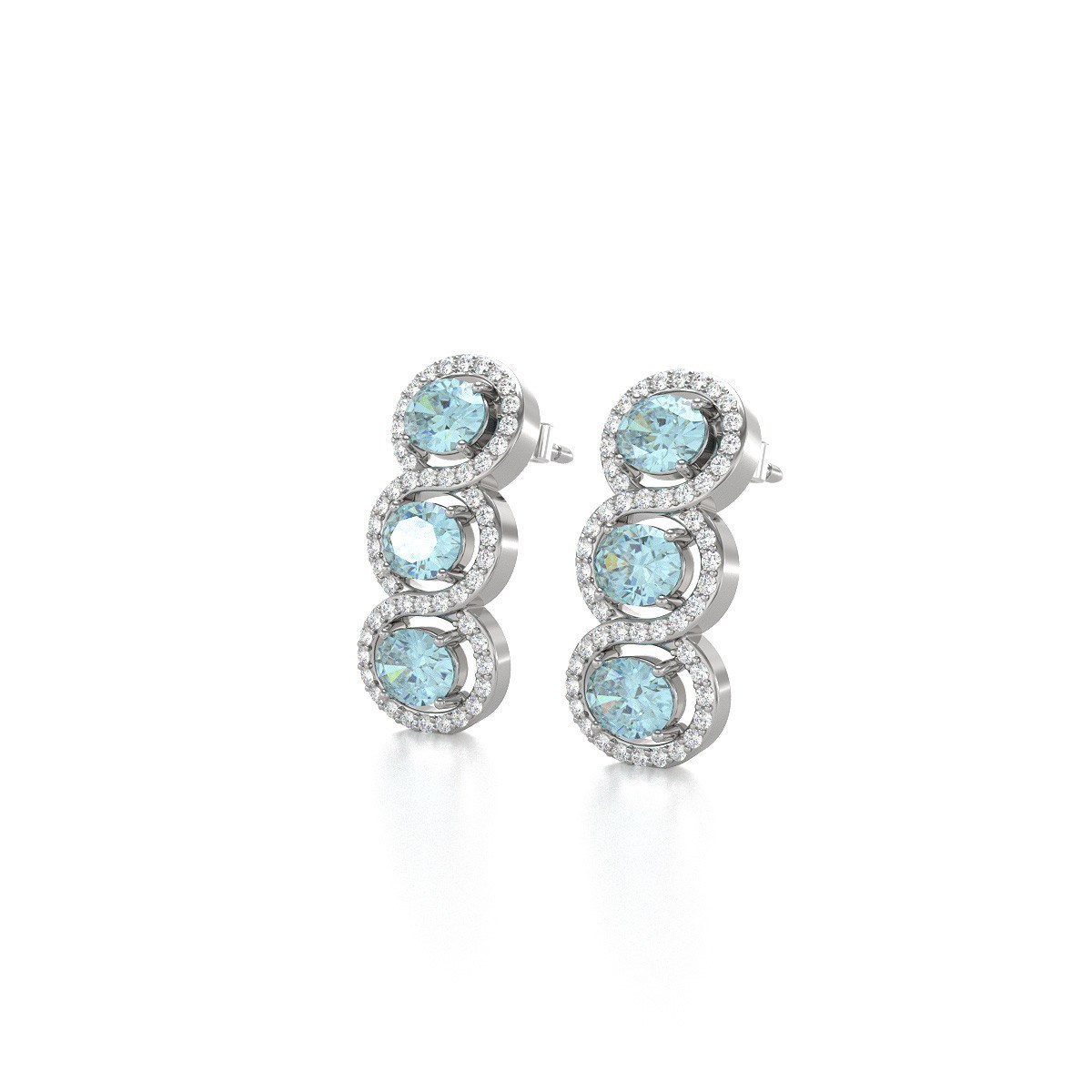 Boucles d'oreilles ADEN Or 585 Blanc Aigue-Marine forme Ovale et Diamants 4.55grs
