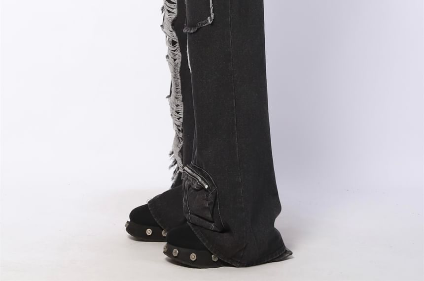 AXEN - Mid Rise Washed Ripped Flared Cargo Jeans