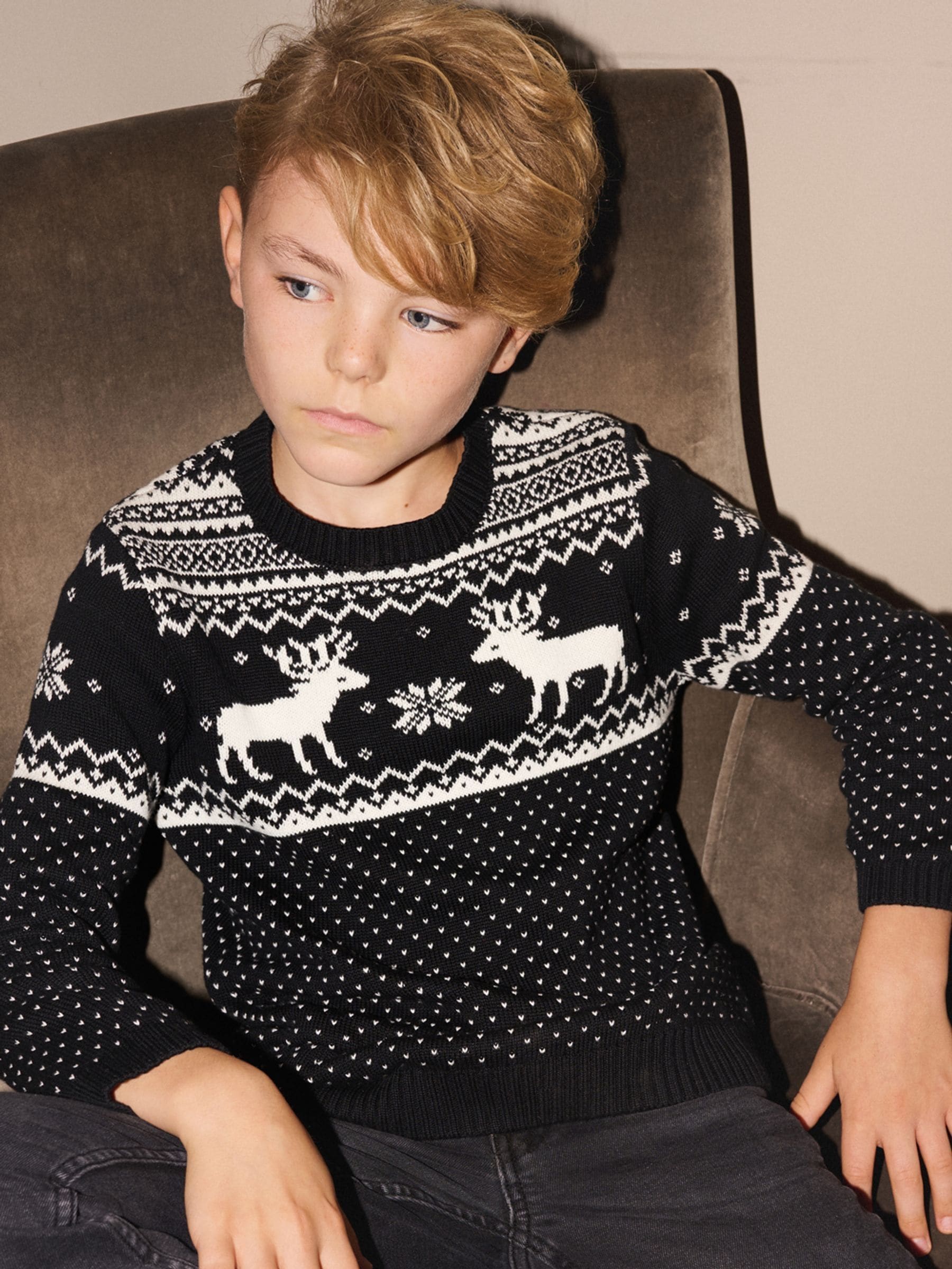Zwart - The Little Tailor kinderkersttrui met rendier-fairislepatroon