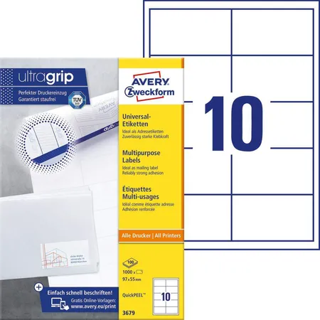 Avery Zweckform 3679 Universal-Etiketten,A4 mit ultragrip,Adressaufkleber 97 x 55 mm, 100 Bogen/1.000 Etiketten, weiß