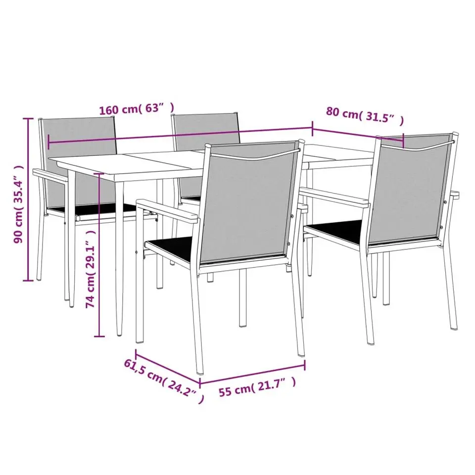 vidaXL - 5-delige Tuinset 4 fauteuils - Zwart - Textileen - 160x80 cm
