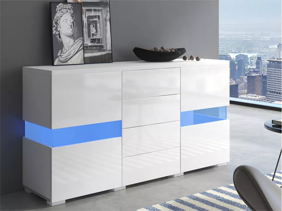 Buffet bas avec LED - 2 portes et 4 tiroirs - blanc