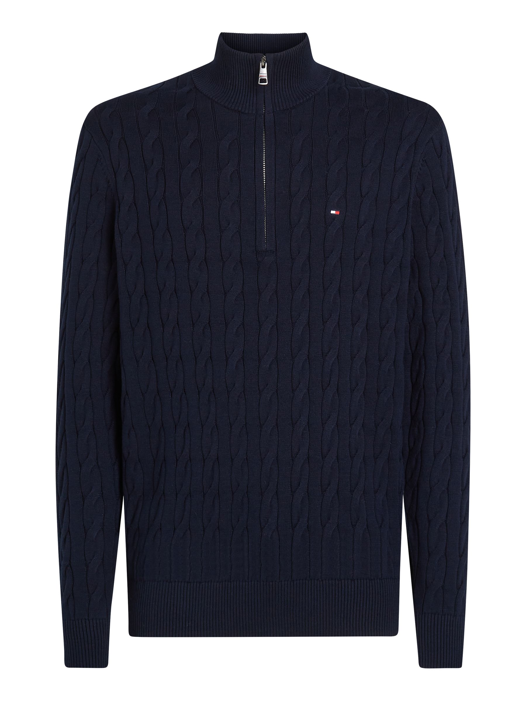 Blauw - Tommy Hilfiger - Gebreide kabeltrui met halve rits