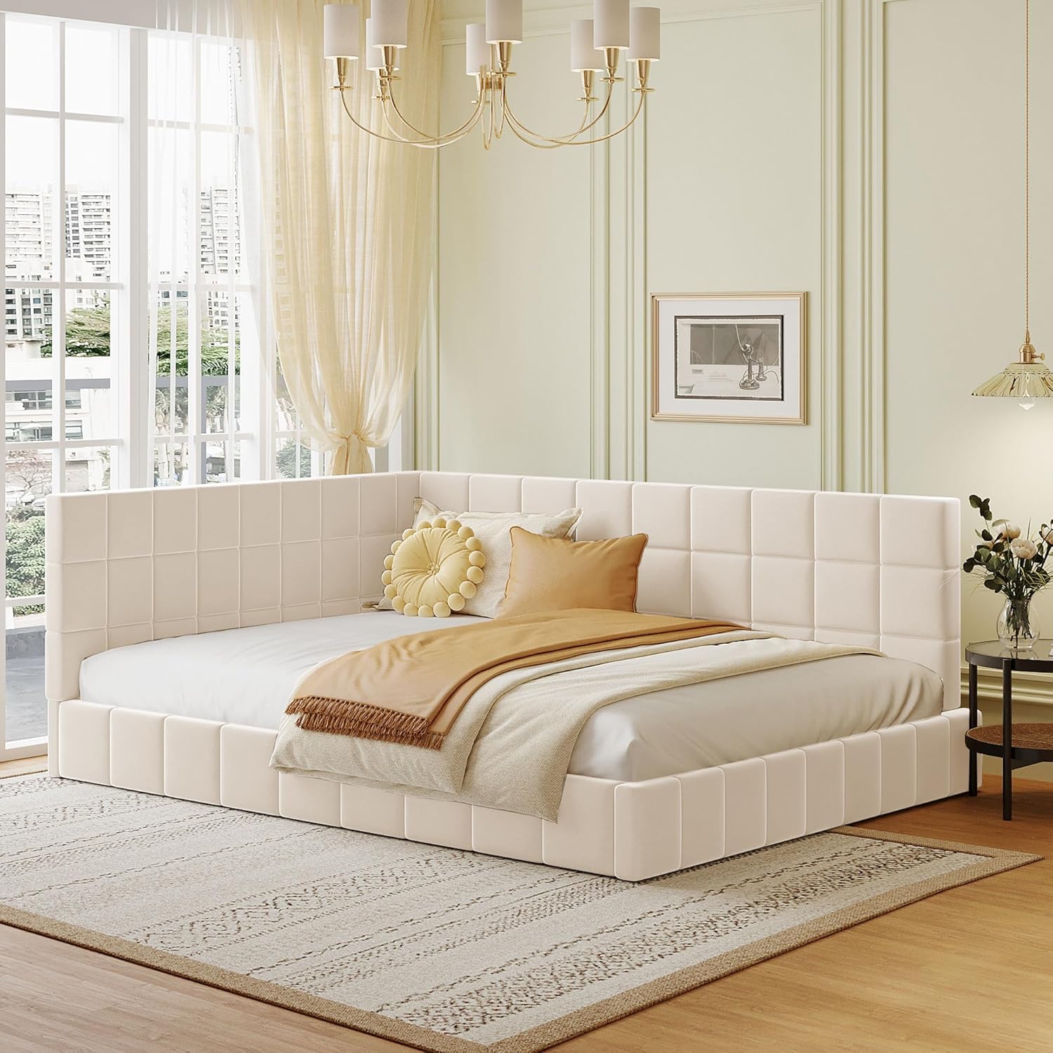Polsterbett mit Lattenrost, Kopfteil und Rückenlehne, Bezug aus Samt, Doppelbett (beige, 140x200 cm)