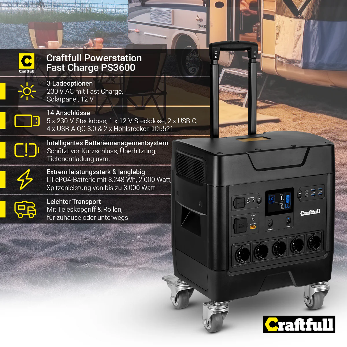 Craftfull Powerstation Fast Charge PS3600, 2.000 Watt, Trolley-Funktion, LiFePO4, USB, 12 V, 230 V (Classic)