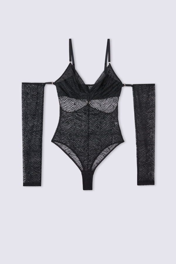 Body de manga comprida com renda animalier