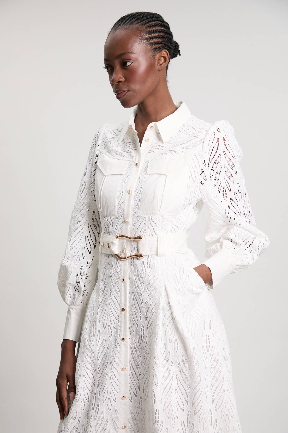 KarenMillen Robe Chemise Midi En Coton Tissé Avec Broderie Ajourée