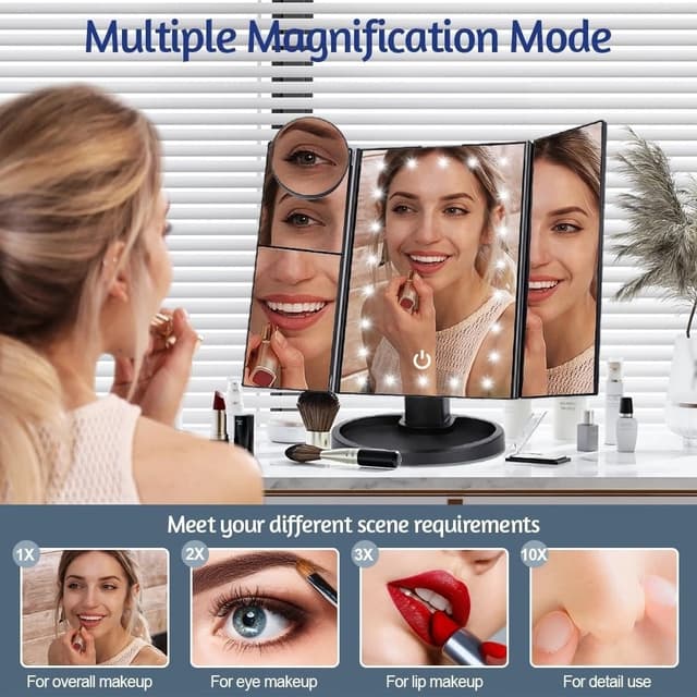3-sidet sammenfoldelig makeup spejl, der kan dæmpes lys 22LED bordspejl