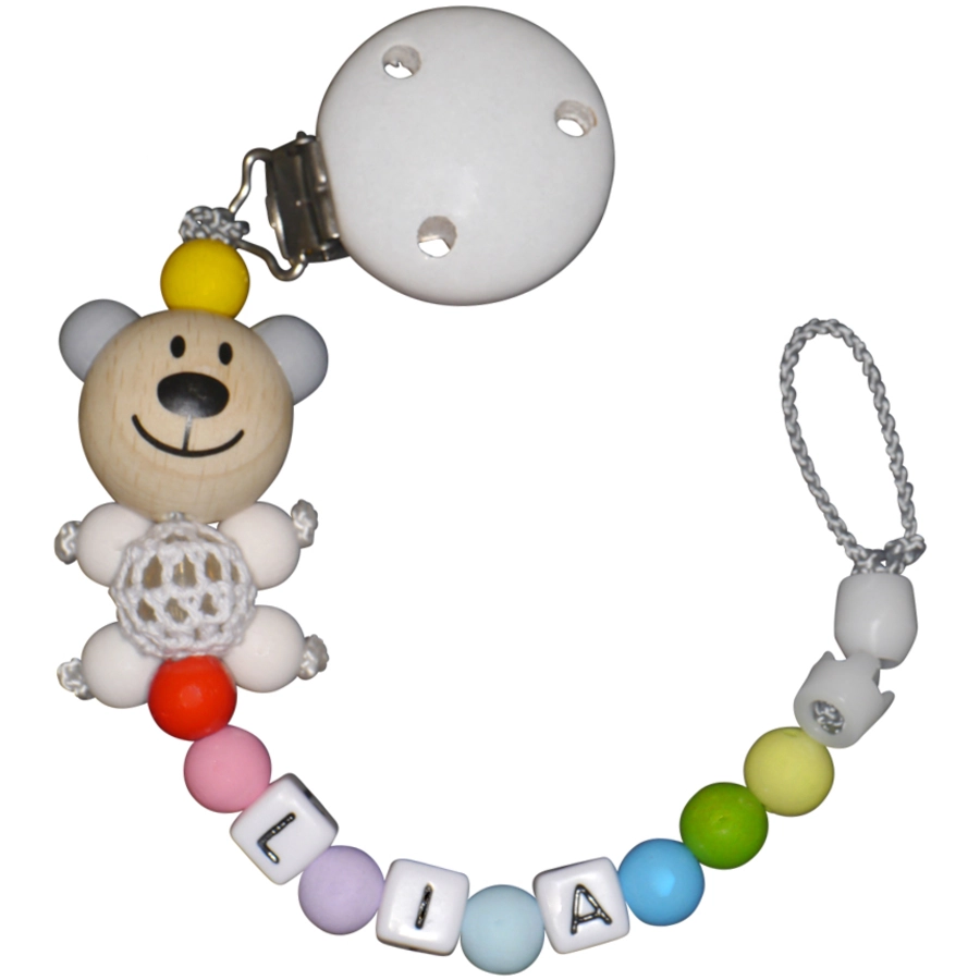 Schnullireich Schnullerkette mit Namen Häkelbär+NUK Schnuller 6-18 Mon. Gelb
