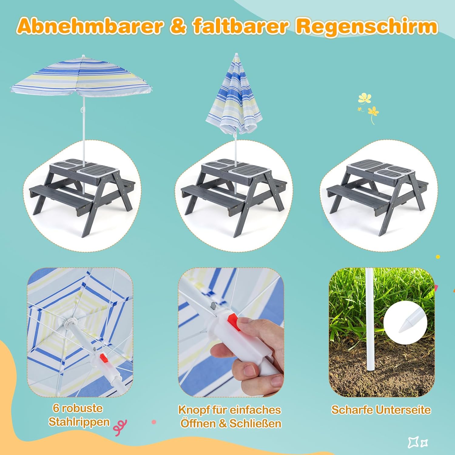 COSTWAY Kindersitzgruppe Outdoor, 2 in 1 Kindersitzgarnitur mit Sonnenschirm und 3 abnehmbaren Behältern für Sand & Wasser, Kinder Picknicktisch, Spieltisch, Gartenmöbel für Garten, Hinterhof