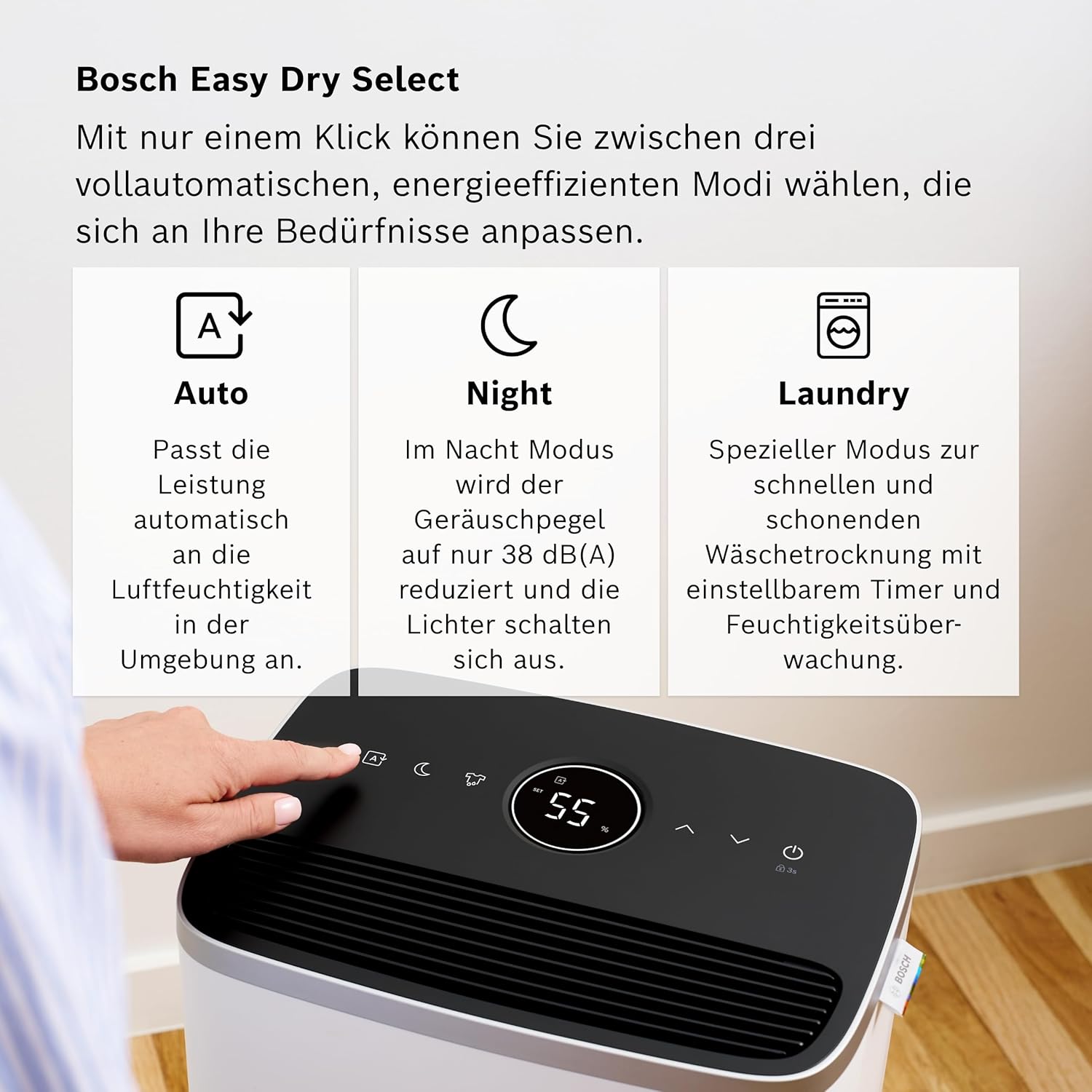 Bosch Dry 4000 Luftentfeuchter - Einfach. Effizient. Leise. - Für Räume bis zu 33 m² - Ideal für Deine Wohnung die schnelle Trocknung Deiner Wäsche