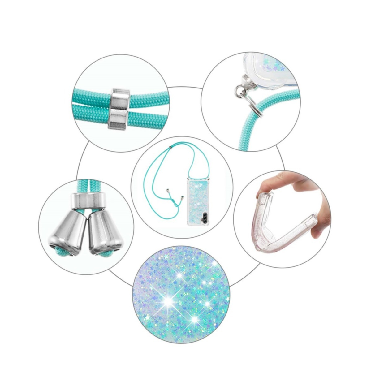 Samsung Galaxy A54 5G Necklace Gummi Hülle Liquid Glitzer   Handykette (130cm) - Türkis