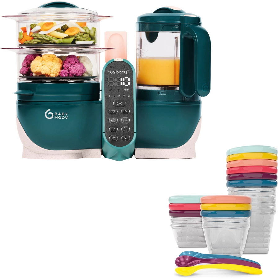 babymoov Küchenmaschine Nutribaby plus Opal green + babymoov Nahrungsbehälter Babybols Multi Set Kit XXL