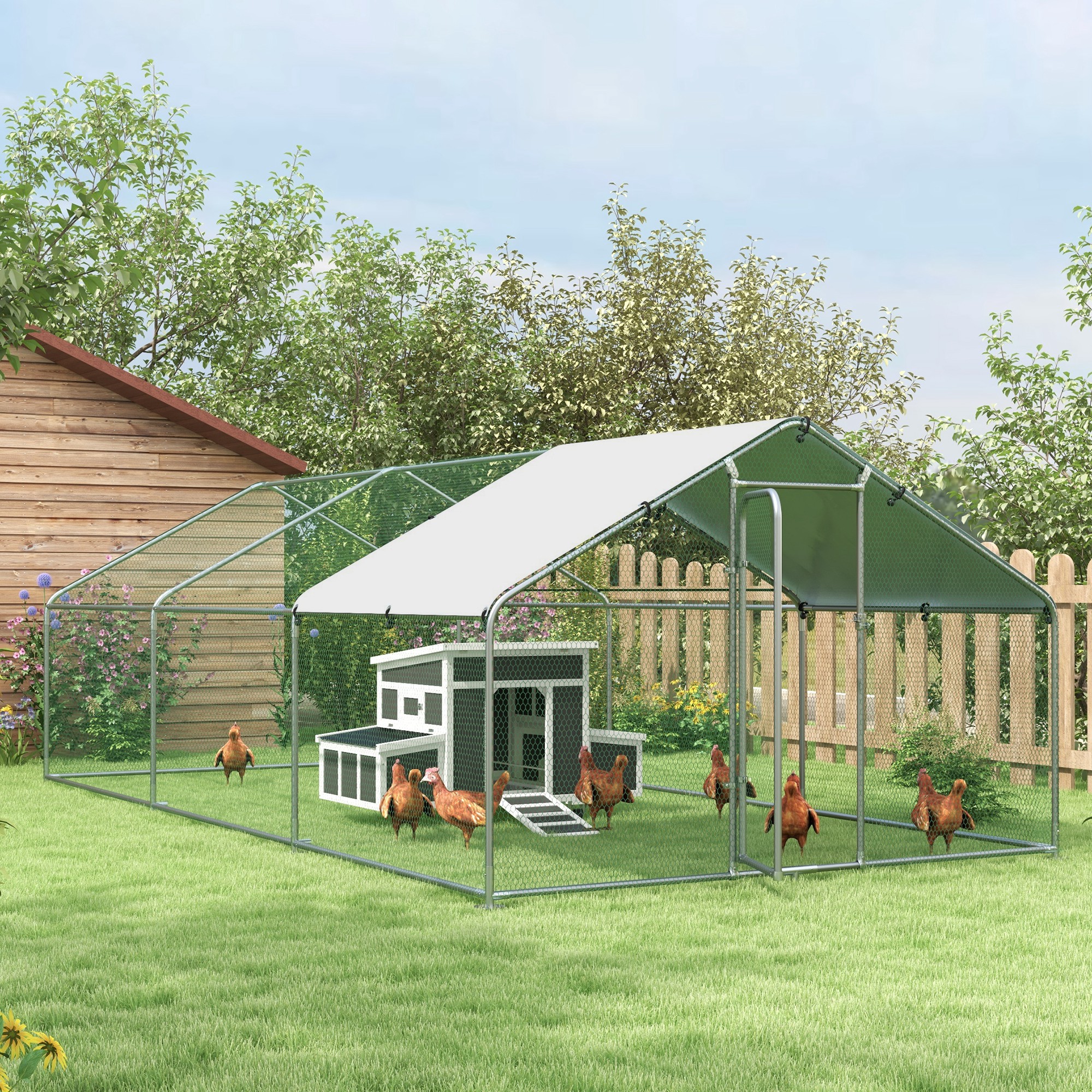 Conjunto PawHut com 1 galinheiro de madeira com bandeja removível e poleiros (147x93,5x89,5 cm) e 1 galinheiro grande de metal galvanizado para exterior (3x6x2 m).