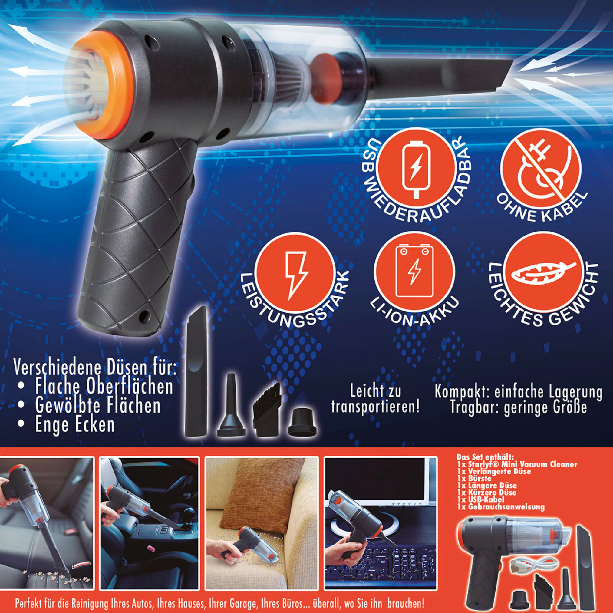 Starlyf® Akku Handstaubsauger, beutellos, 2in1 Staubsauger mit Gebläse Mini Vacuum Cleaner